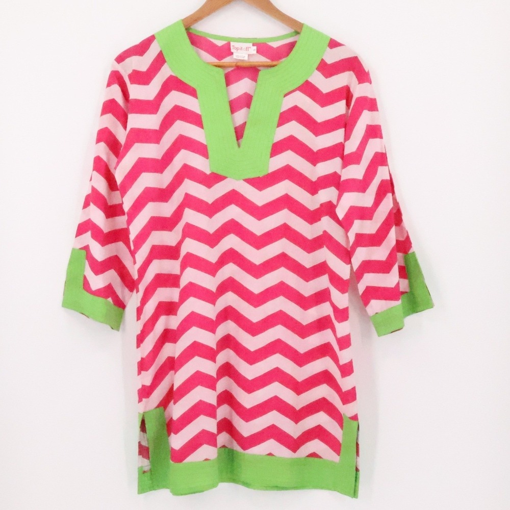 Top‎ It Off Chevron Tunic Top Swim Cover Womens Size S Pink Green Beach Resort